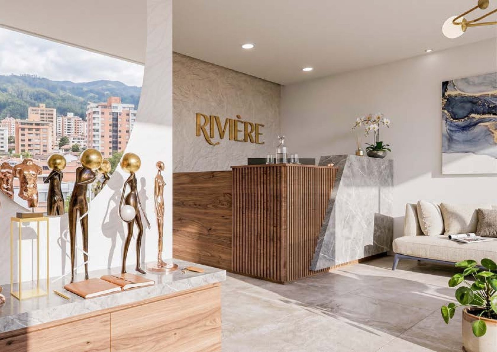 Lobby y recepción de Riviere con vista a Cuenca