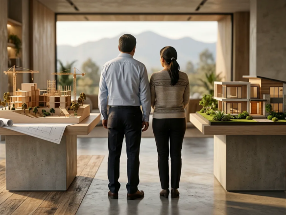 Pareja compara una maqueta de proyecto en construcción con una vivienda terminada