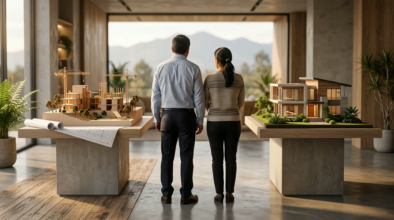 Pareja compara una maqueta de proyecto en construcción con una vivienda terminada
