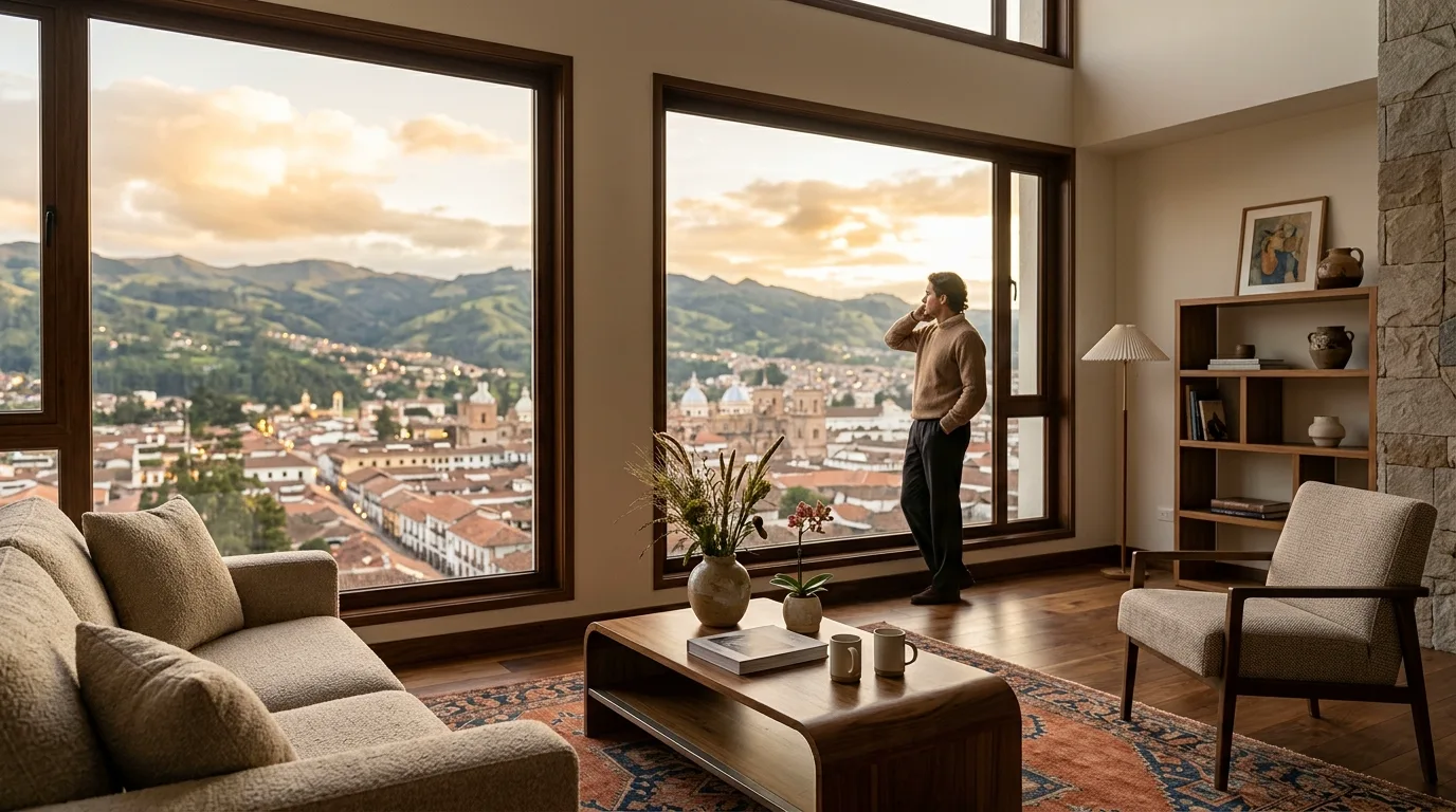 Interior moderno de departamento en Ecuador con luz natural y ventilación