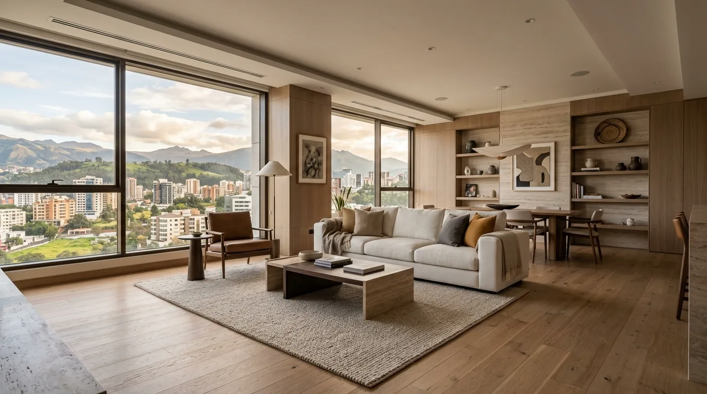 Departamento moderno de estilo editorial con luz natural y vista urbana