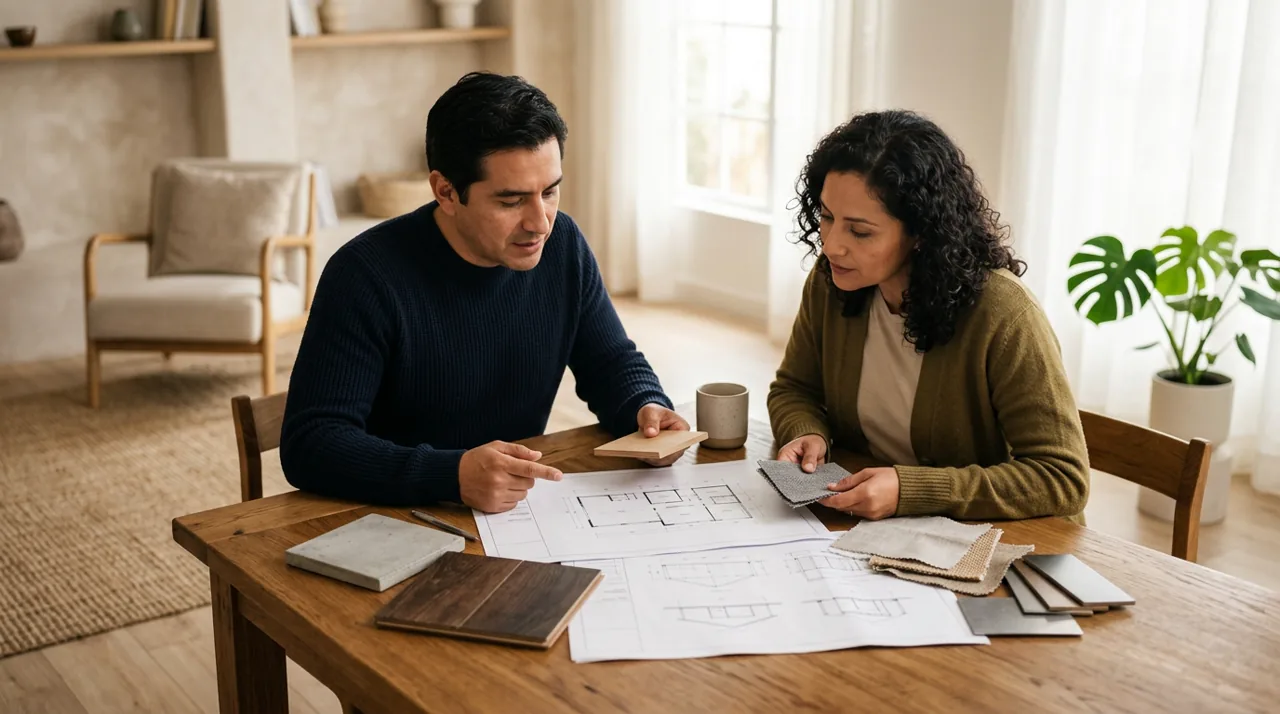 Pareja revisa planos y materiales para financiar una vivienda en Ecuador desde el exterior