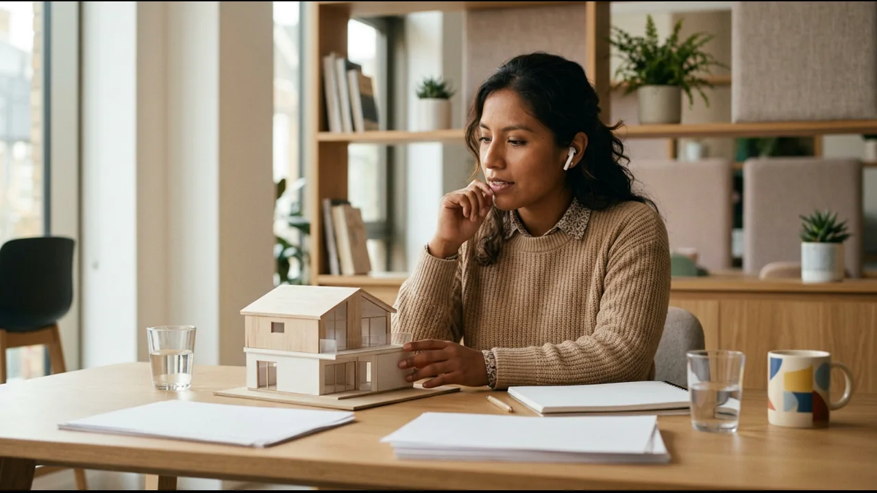 Migrante ecuatoriana evalúa una maqueta de vivienda para invertir en bienes raíces en Ecuador