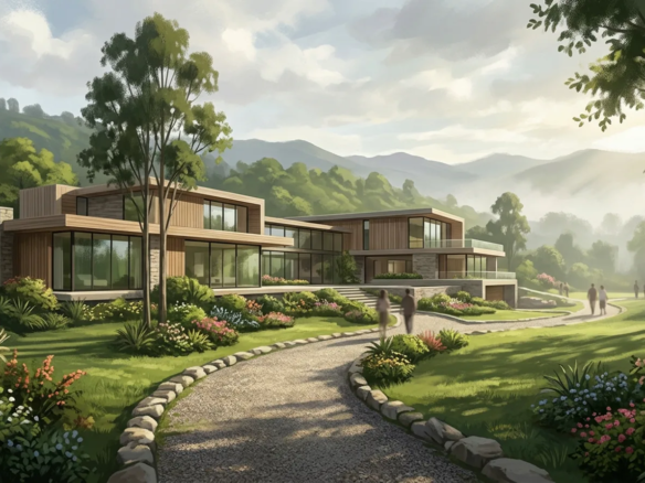 Composición conceptual de casas familiares con jardines en un entorno residencial de Cuenca
