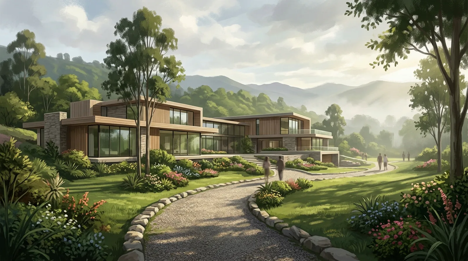 Composición conceptual de casas familiares con jardines en un entorno residencial de Cuenca