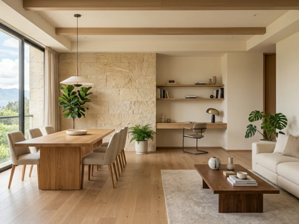 Interior conceptual de un departamento amplio en Cuenca con sala, comedor y espacio de trabajo
