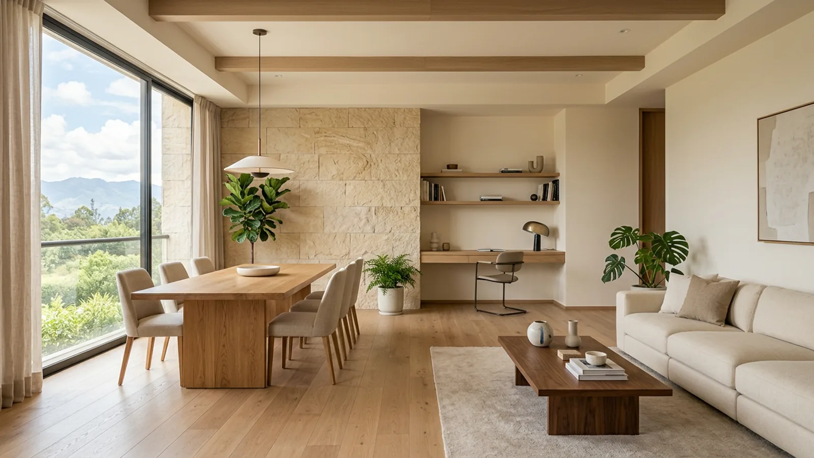 Interior conceptual de un departamento amplio en Cuenca con sala, comedor y espacio de trabajo
