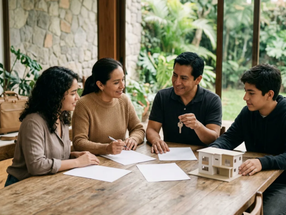 Familia planificando su regreso a Ecuador y la compra anticipada de una vivienda