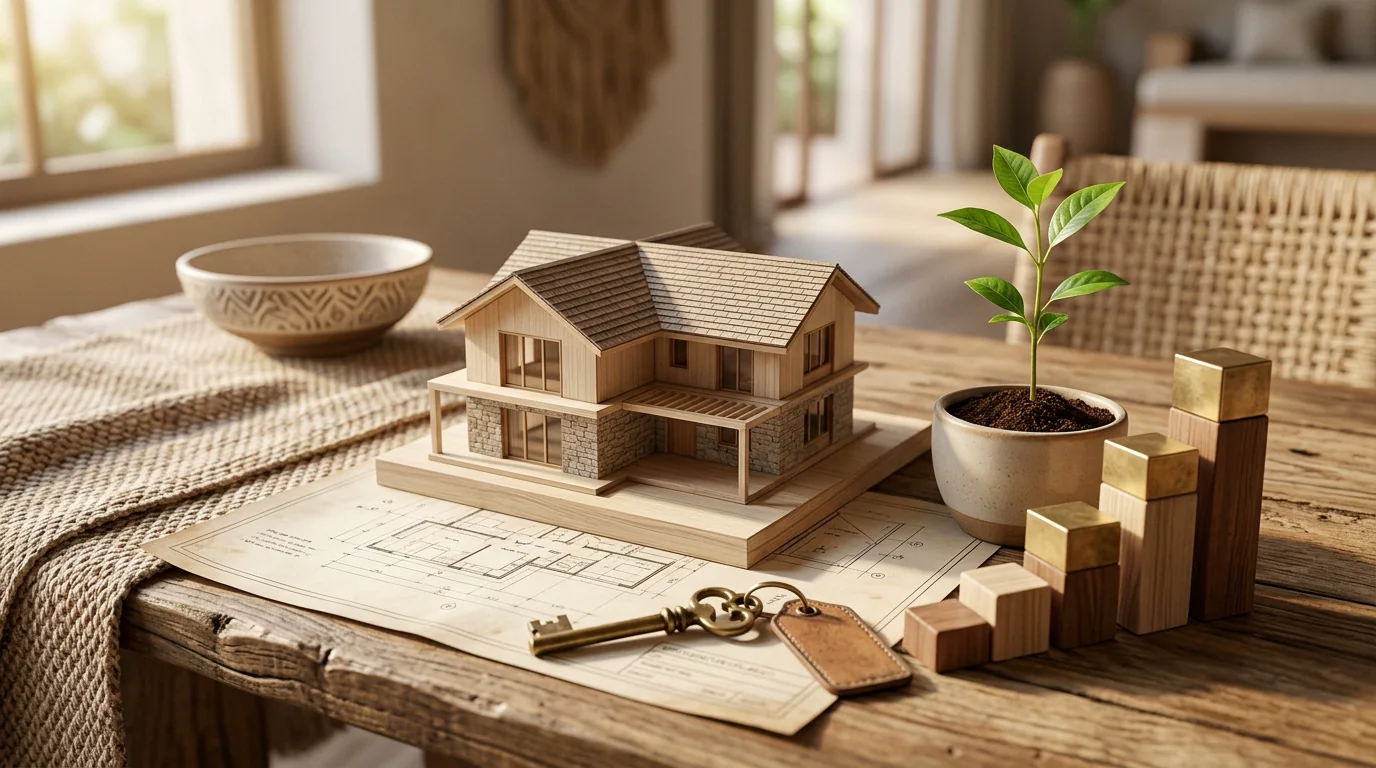 Casa, llaves y planta como símbolos de inversión inmobiliaria a largo plazo