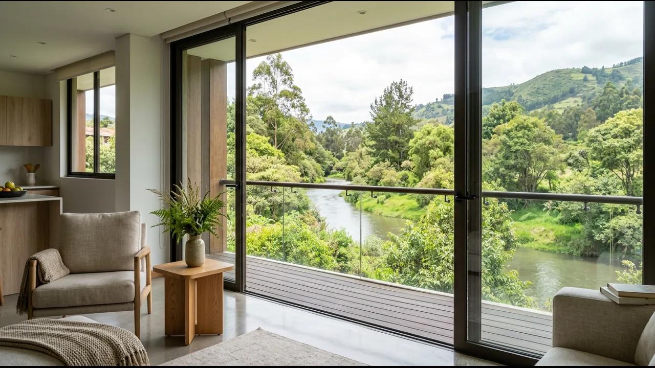 Interior residencial conceptual junto a un corredor verde y fluvial en Cuenca