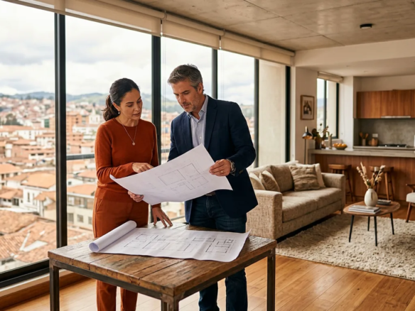 Pareja revisando planos en un departamento contemporáneo de Cuenca, imagen conceptual