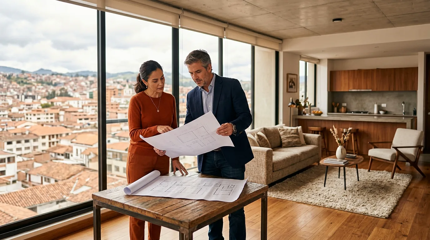 Pareja revisando planos en un departamento contemporáneo de Cuenca, imagen conceptual