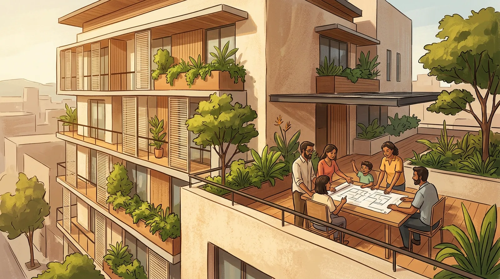 Ilustración conceptual de departamentos modernos en Totoracocha, Cuenca