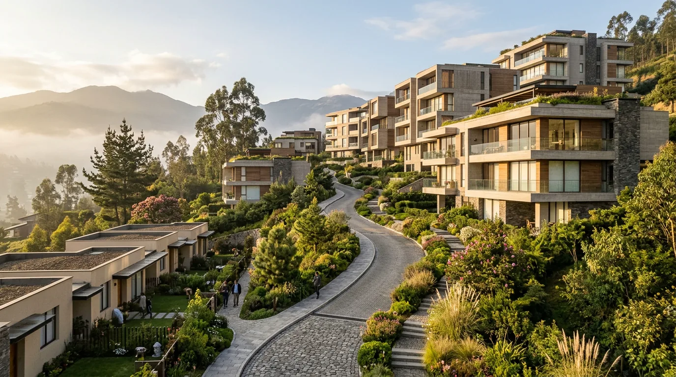 Composición conceptual de viviendas en entorno andino que representa la plusvalía inmobiliaria en Cuenca