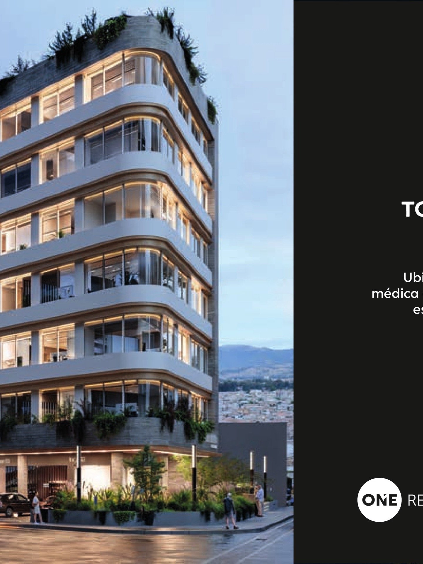 Fachada iluminada del edificio Torre del Río en Cuenca