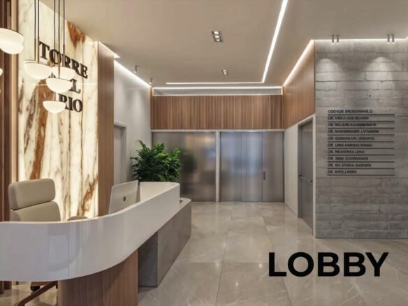 Lobby y recepción de Torre del Río con directorio médico