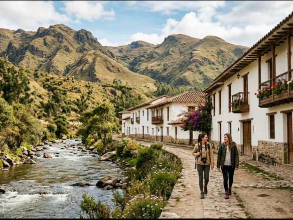 Viajeras recorren un sendero conceptual junto a un río en un paisaje andino inspirado en Cuenca