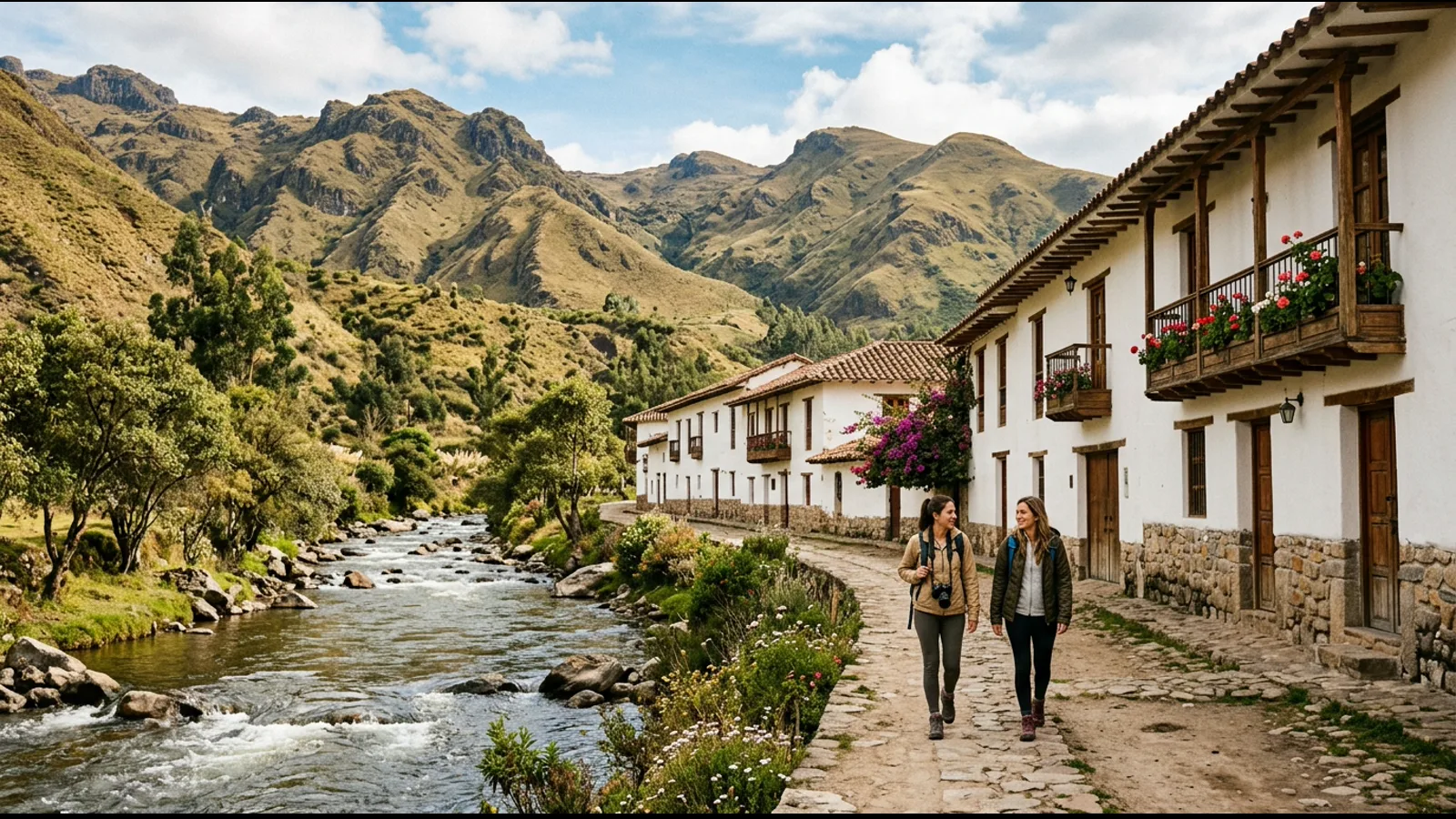 Viajeras recorren un sendero conceptual junto a un río en un paisaje andino inspirado en Cuenca
