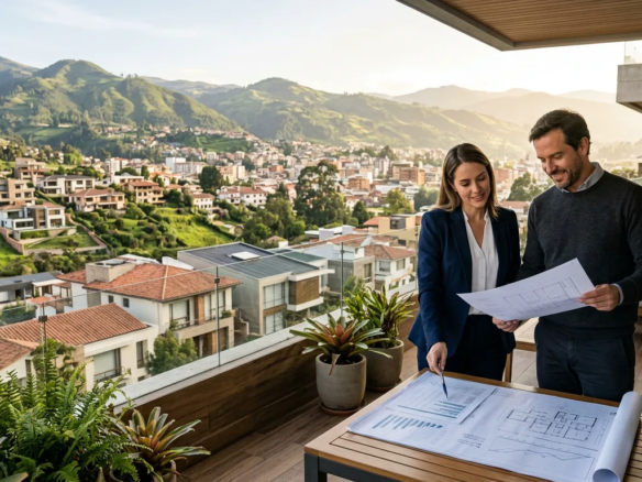Pareja analiza planos de vivienda en una ciudad andina, concepto de inversión inmobiliaria en Cuenca