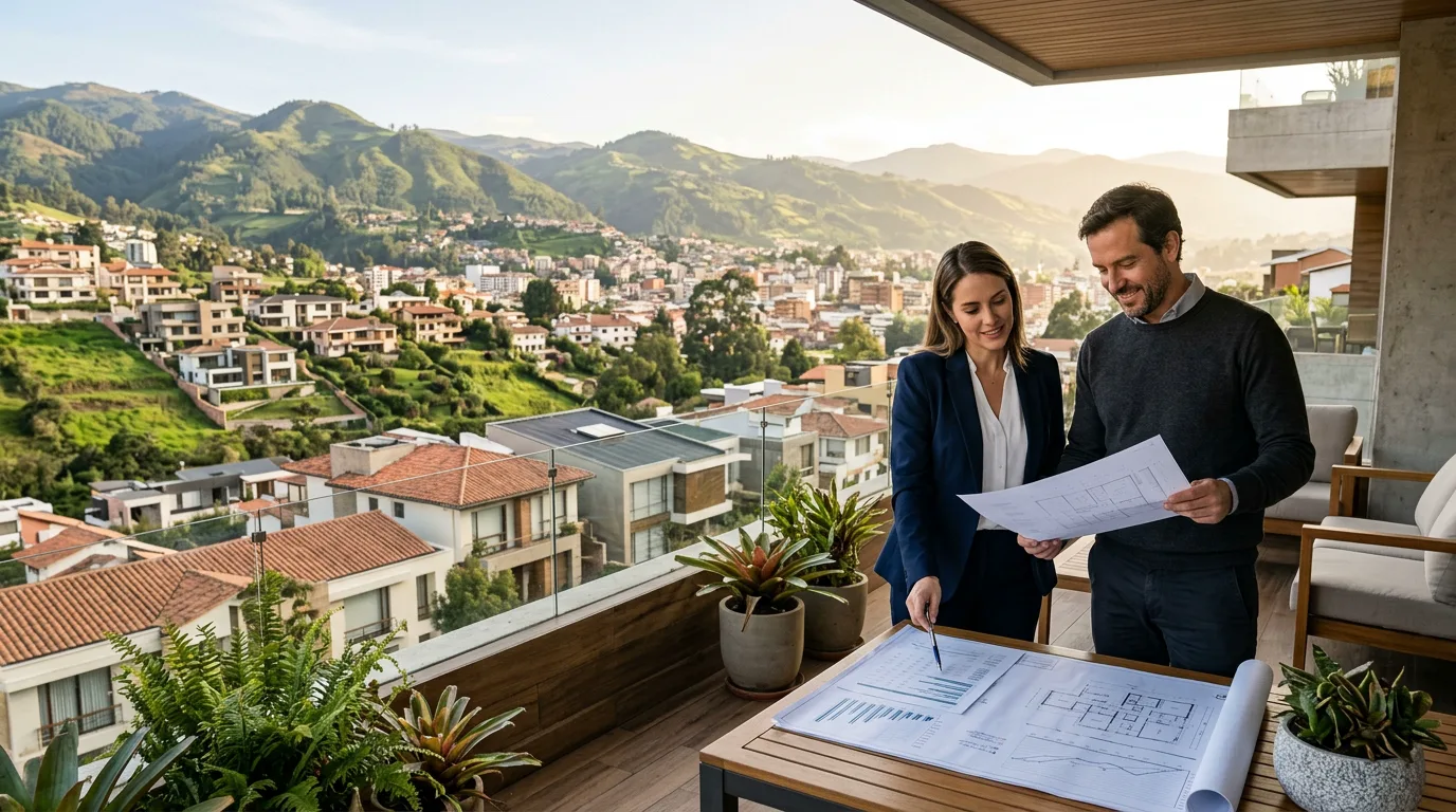 Pareja analiza planos de vivienda en una ciudad andina, concepto de inversión inmobiliaria en Cuenca