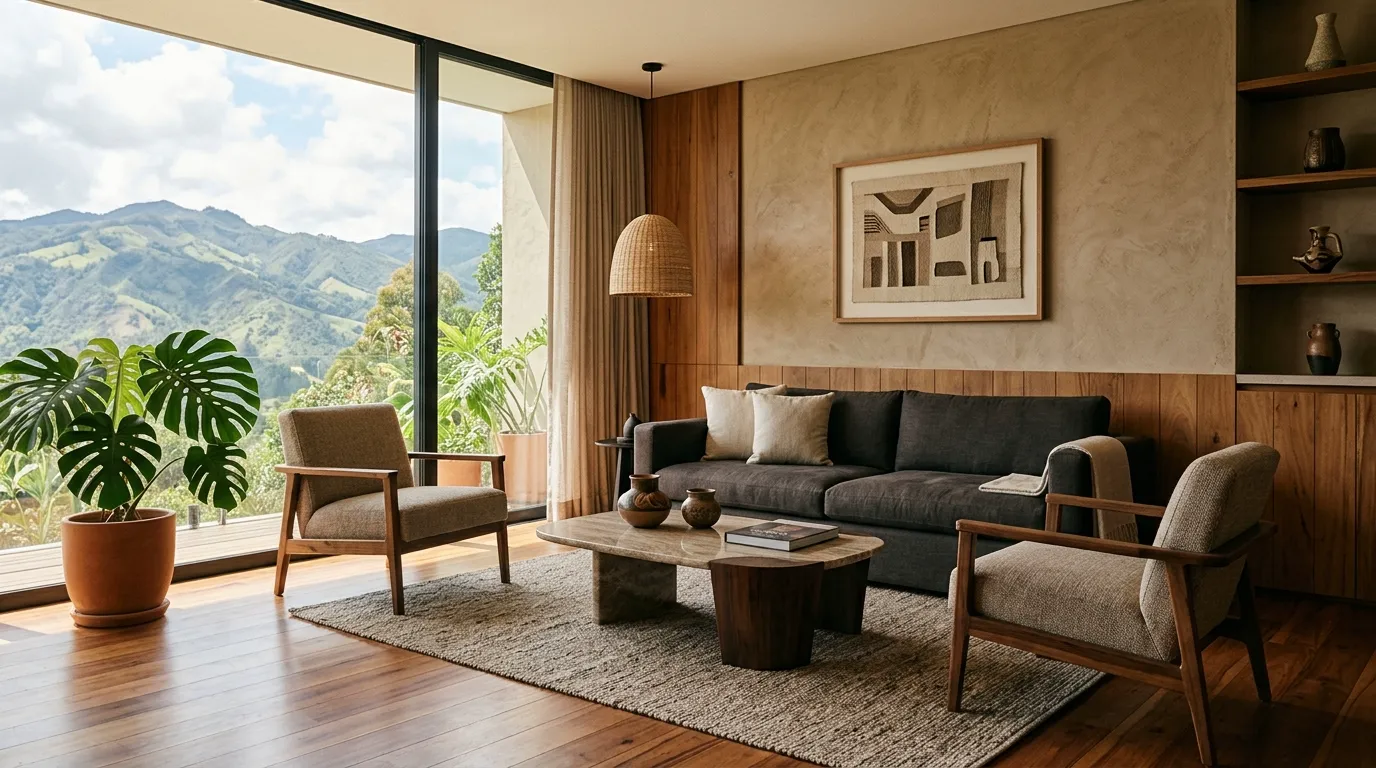Composición conceptual de un departamento moderno en Ecuador con acabados elegantes y luz natural