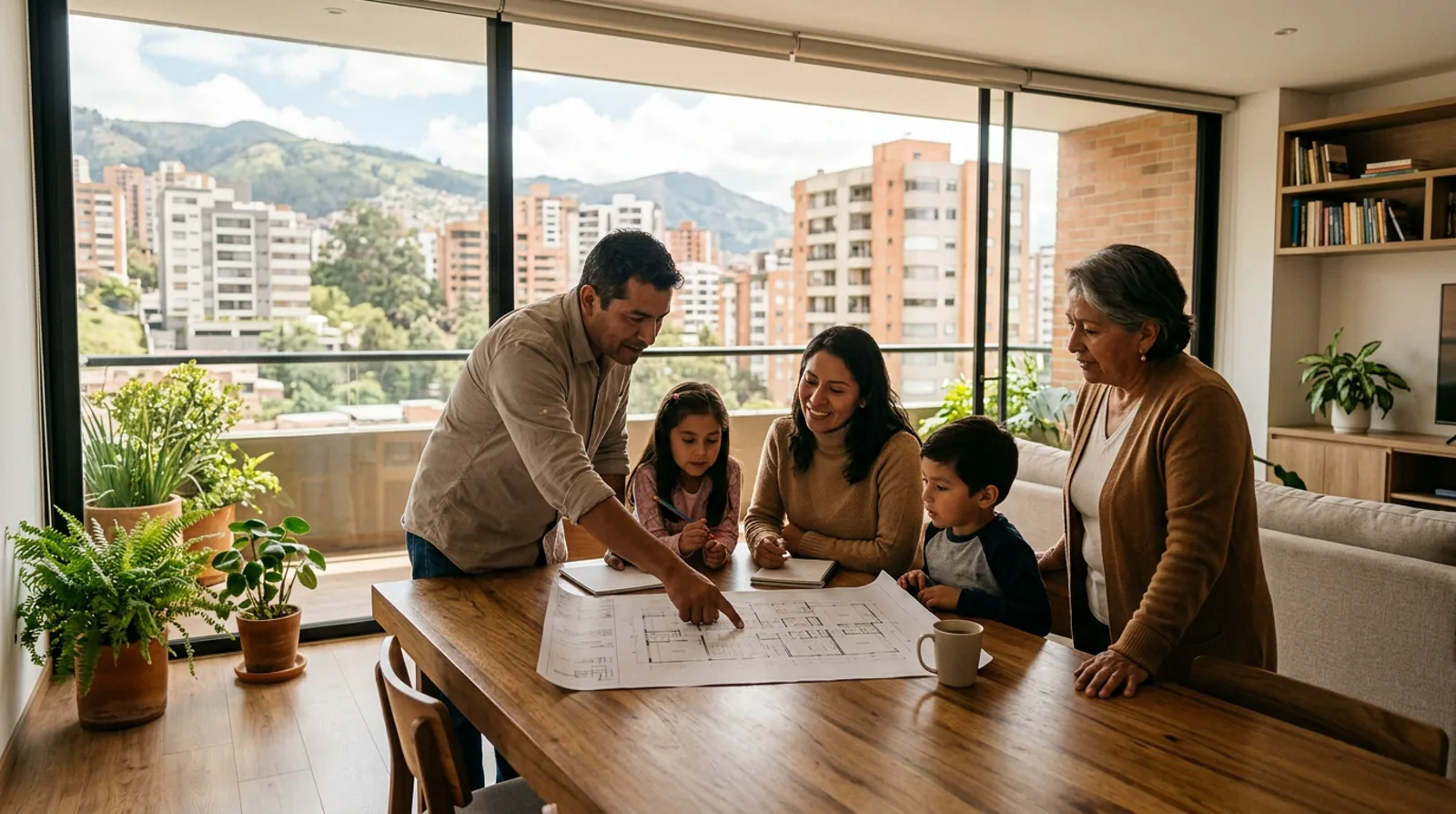 Familia revisando planos de una vivienda en un entorno residencial andino conceptual