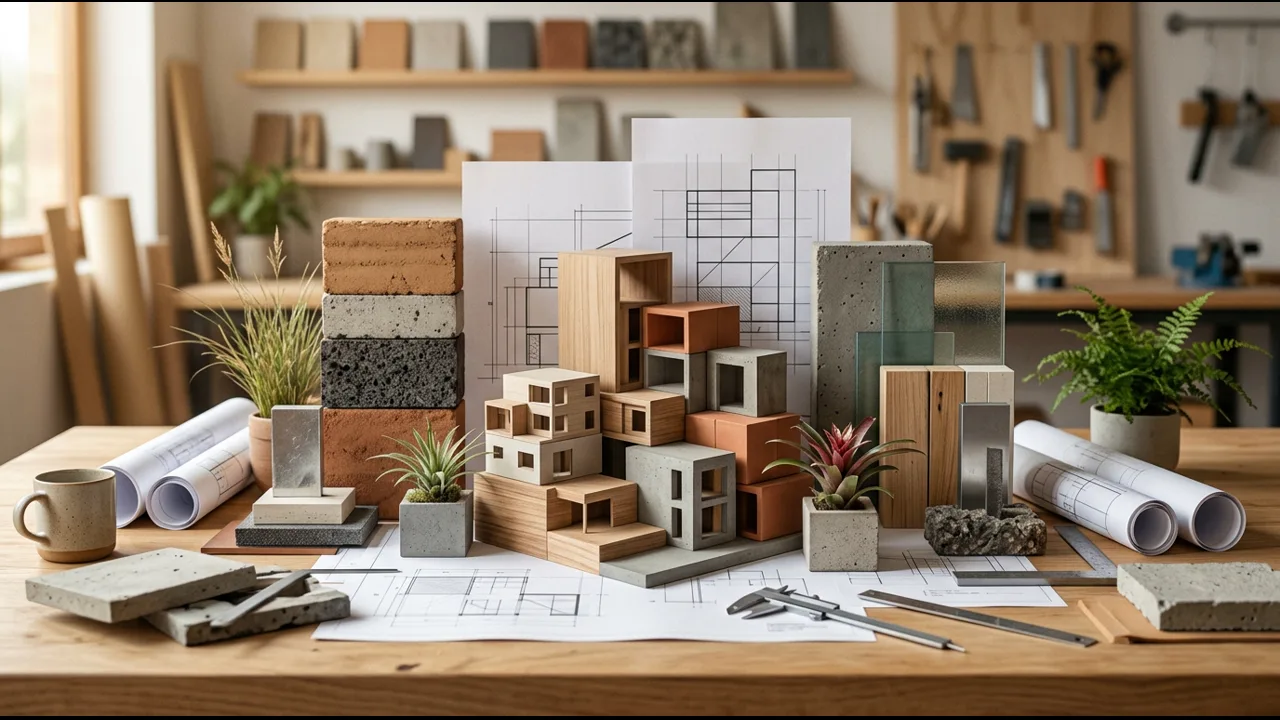Composición conceptual de arquitectura, planos y materiales que representa la trayectoria de una constructora en Cuenca