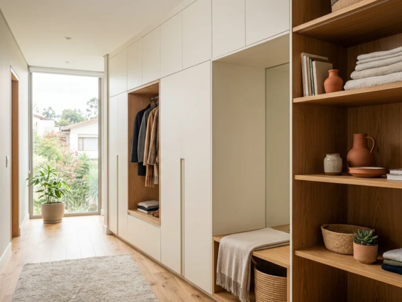 Interior de departamento moderno con closets y almacenamiento integrado