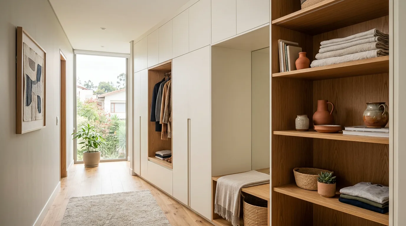 Interior de departamento moderno con closets y almacenamiento integrado