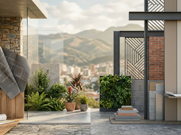 Composición conceptual de arquitectura residencial contemporánea y materiales de construcción en un entorno andino