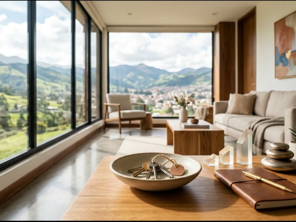 Interior conceptual de un departamento contemporáneo con llaves y vista andina, asociado a inversión inmobiliaria en Cuenca