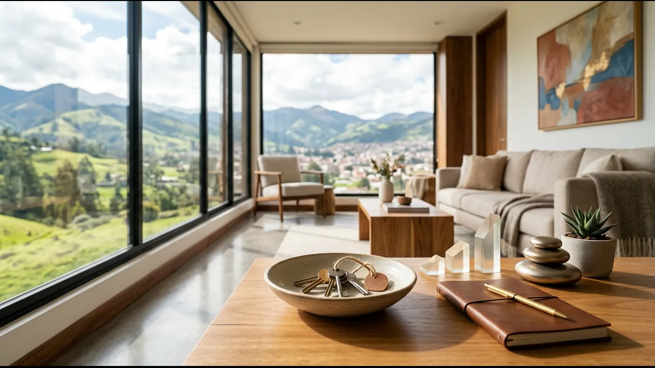 Interior conceptual de un departamento contemporáneo con llaves y vista andina, asociado a inversión inmobiliaria en Cuenca