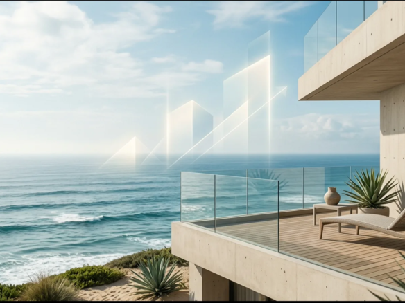Composición conceptual de inversión inmobiliaria y vivienda contemporánea frente al mar en Manta