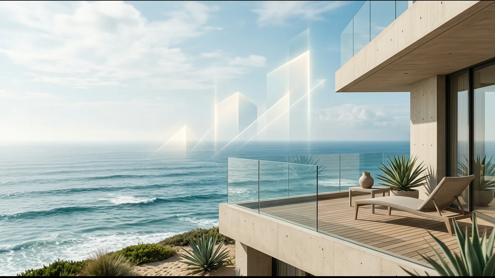 Composición conceptual de inversión inmobiliaria y vivienda contemporánea frente al mar en Manta