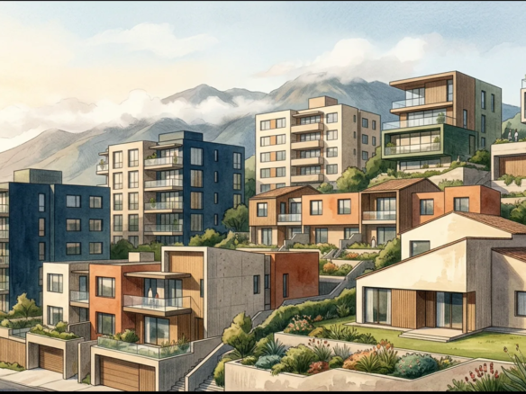 Composición conceptual de viviendas y edificios modernos para invertir en Quito, Ecuador
