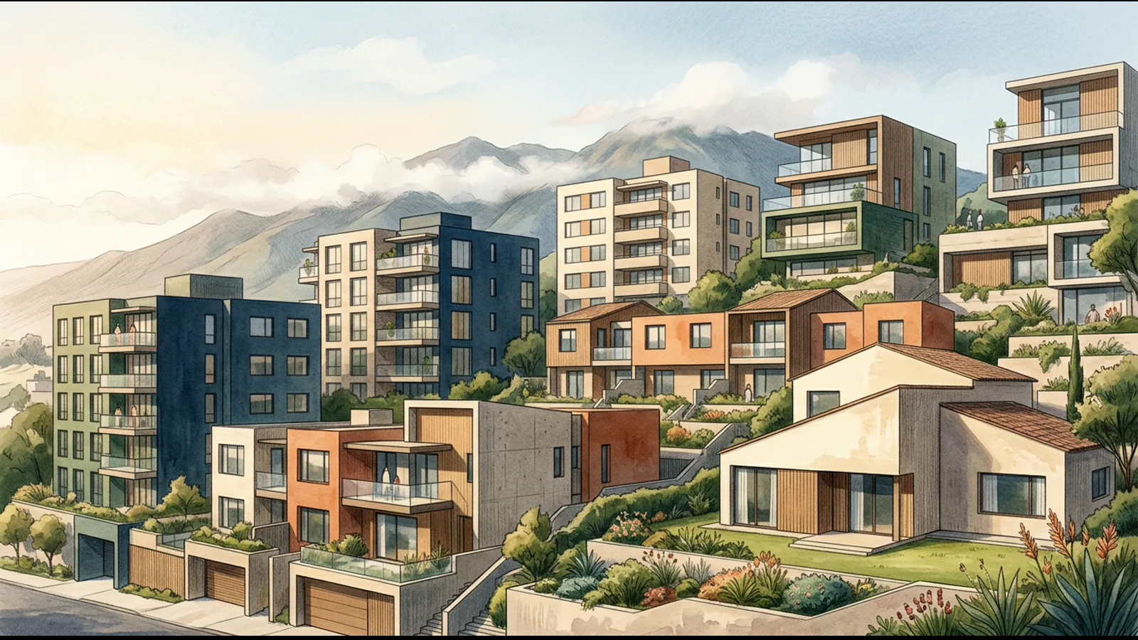 Composición conceptual de viviendas y edificios modernos para invertir en Quito, Ecuador