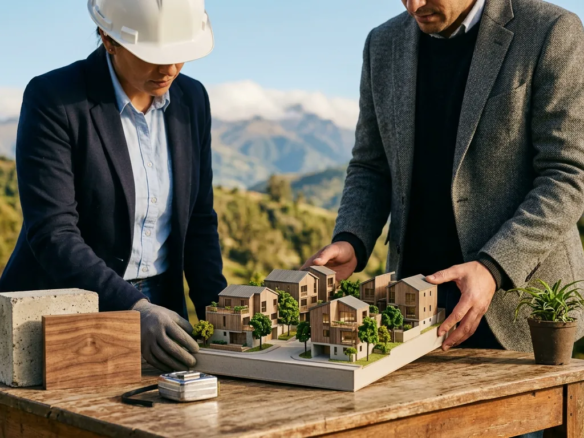 Profesionales revisan una maqueta residencial conceptual para evaluar una constructora en Ecuador