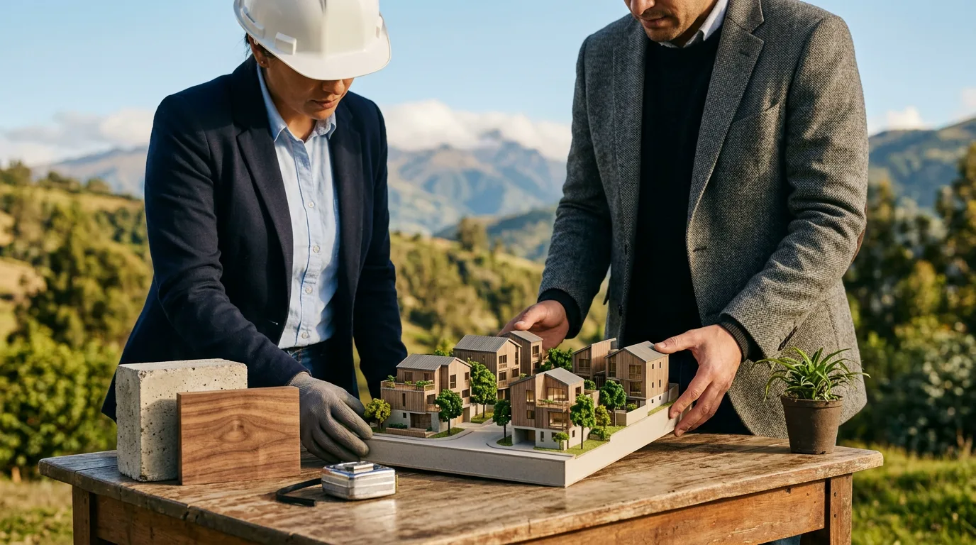 Profesionales revisan una maqueta residencial conceptual para evaluar una constructora en Ecuador