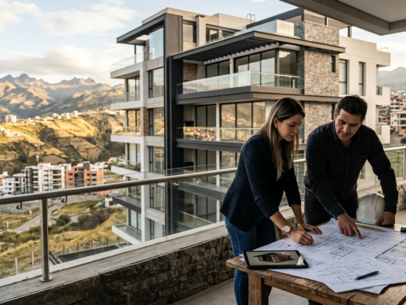 Profesionales revisan planos de ingeniería en un proyecto residencial conceptual de Cuenca