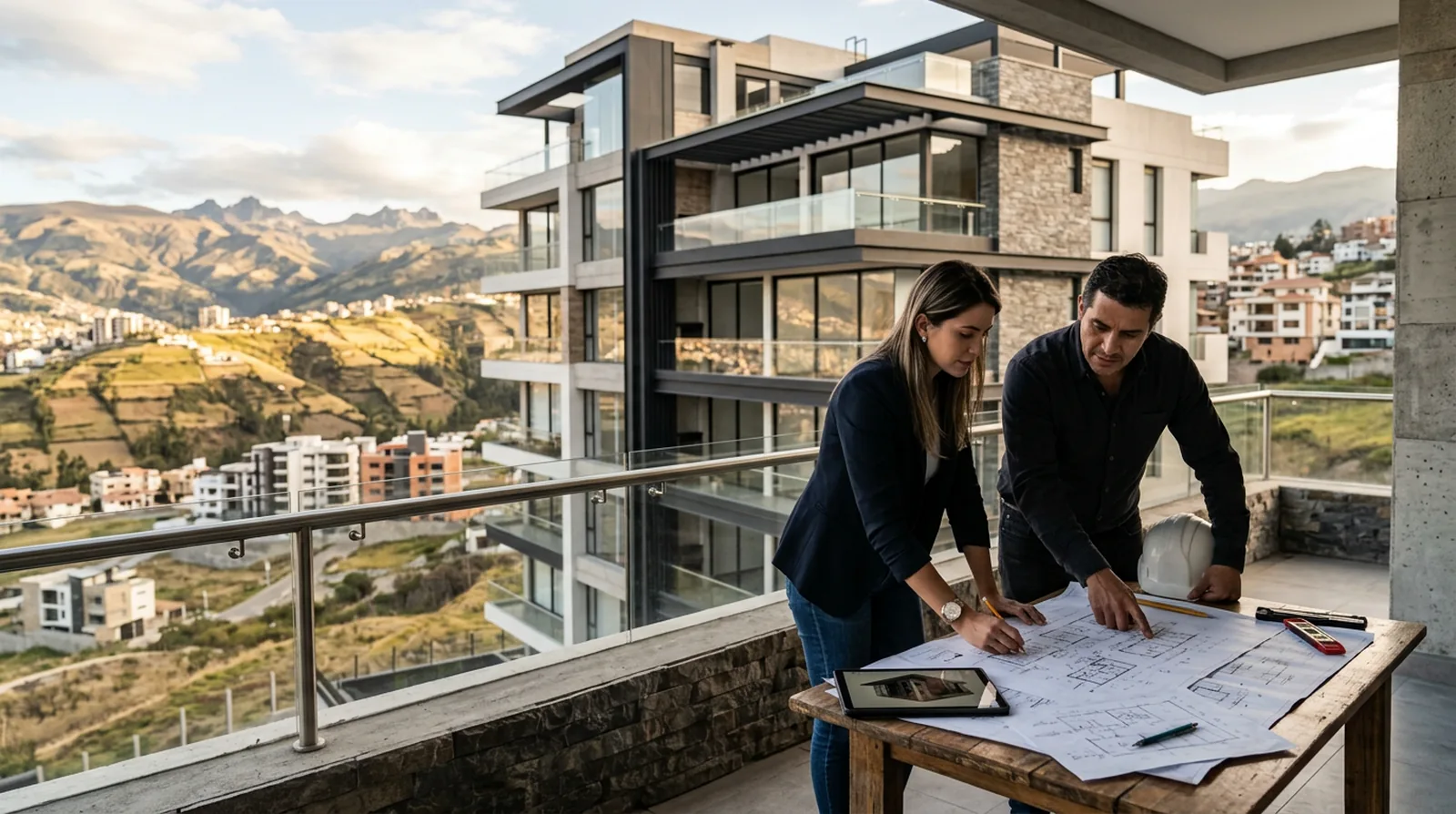 Profesionales revisan planos de ingeniería en un proyecto residencial conceptual de Cuenca