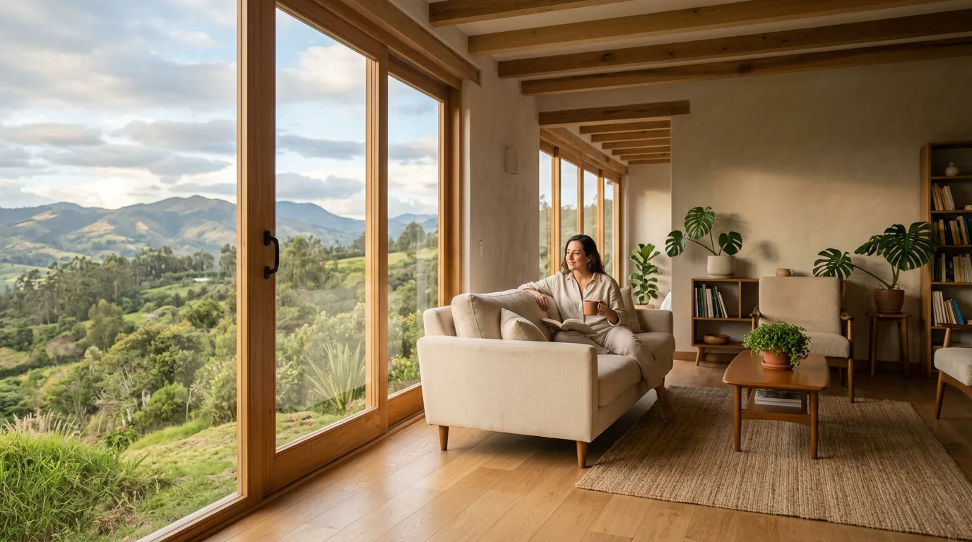 Departamento moderno con ventanales amplios y luz natural equilibrada en Ecuador