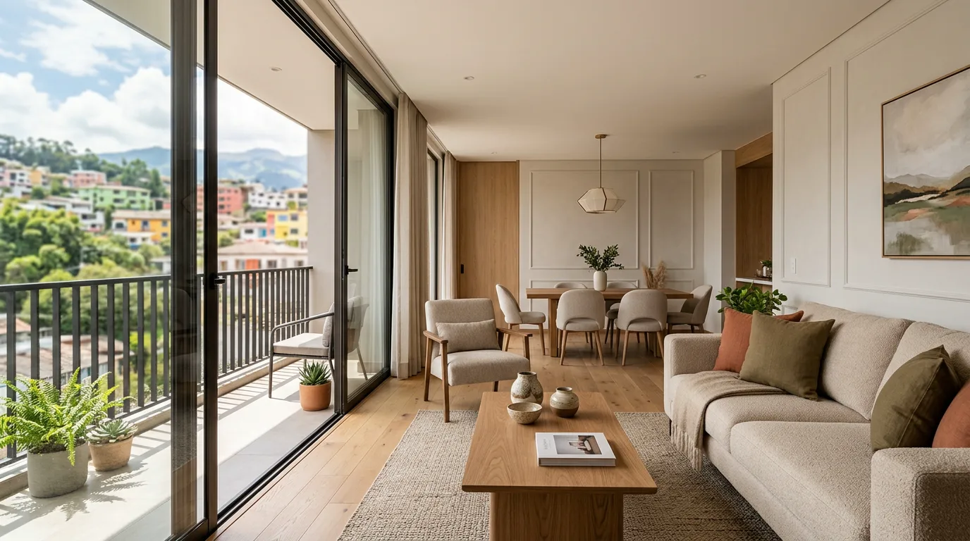 Sala y comedor de un departamento moderno con luz natural