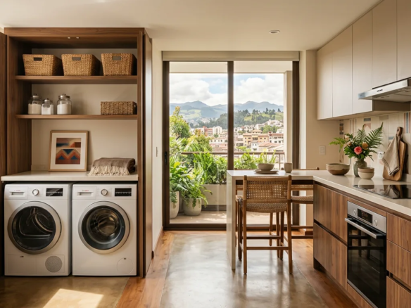 Cocina y lavandería funcional en un departamento moderno en Ecuador