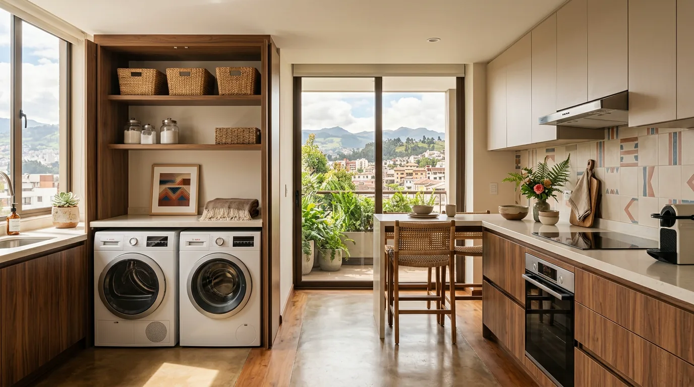 Cocina y lavandería funcional en un departamento moderno en Ecuador