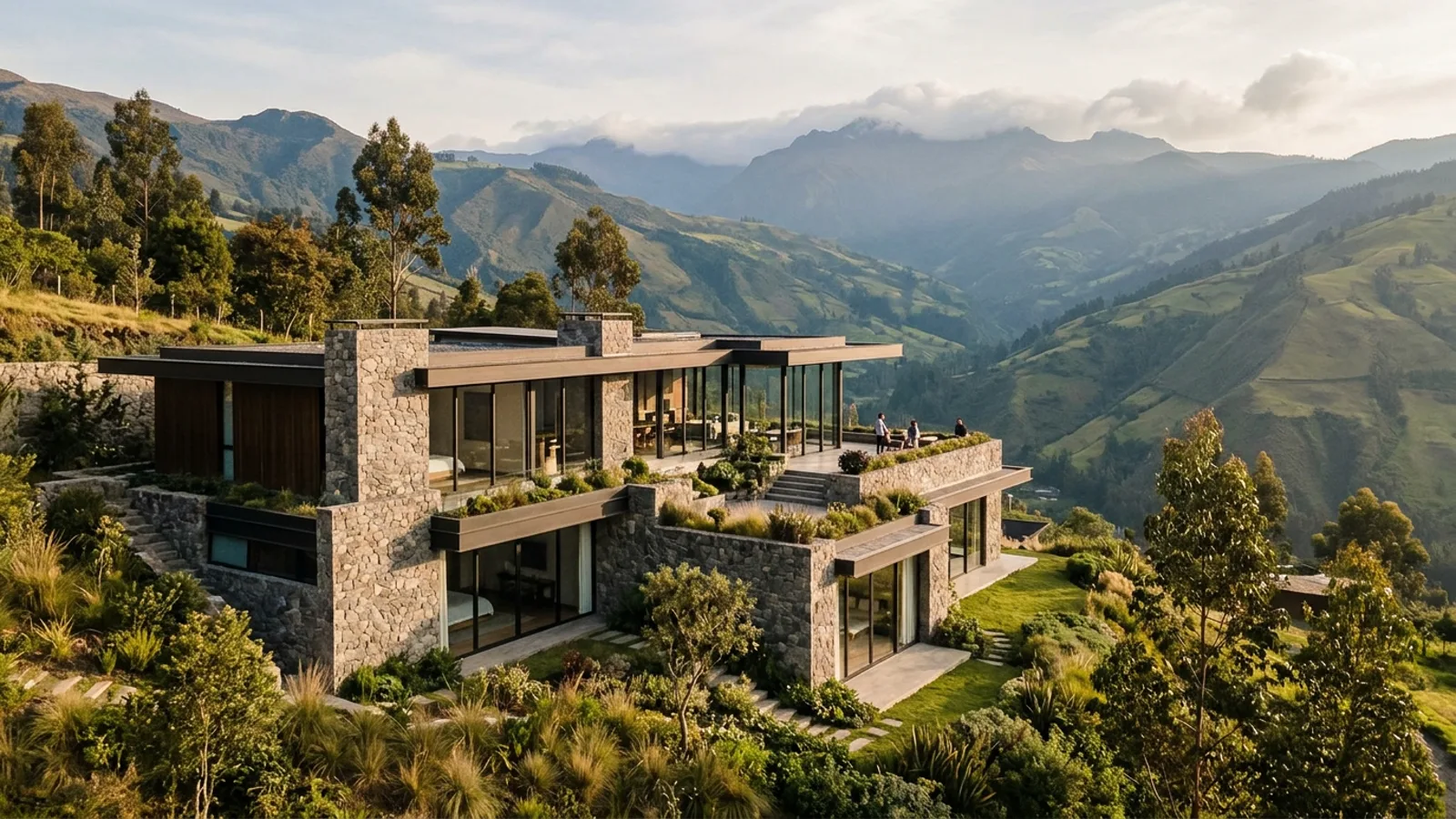 Composición conceptual de una vivienda contemporánea de lujo en un paisaje andino