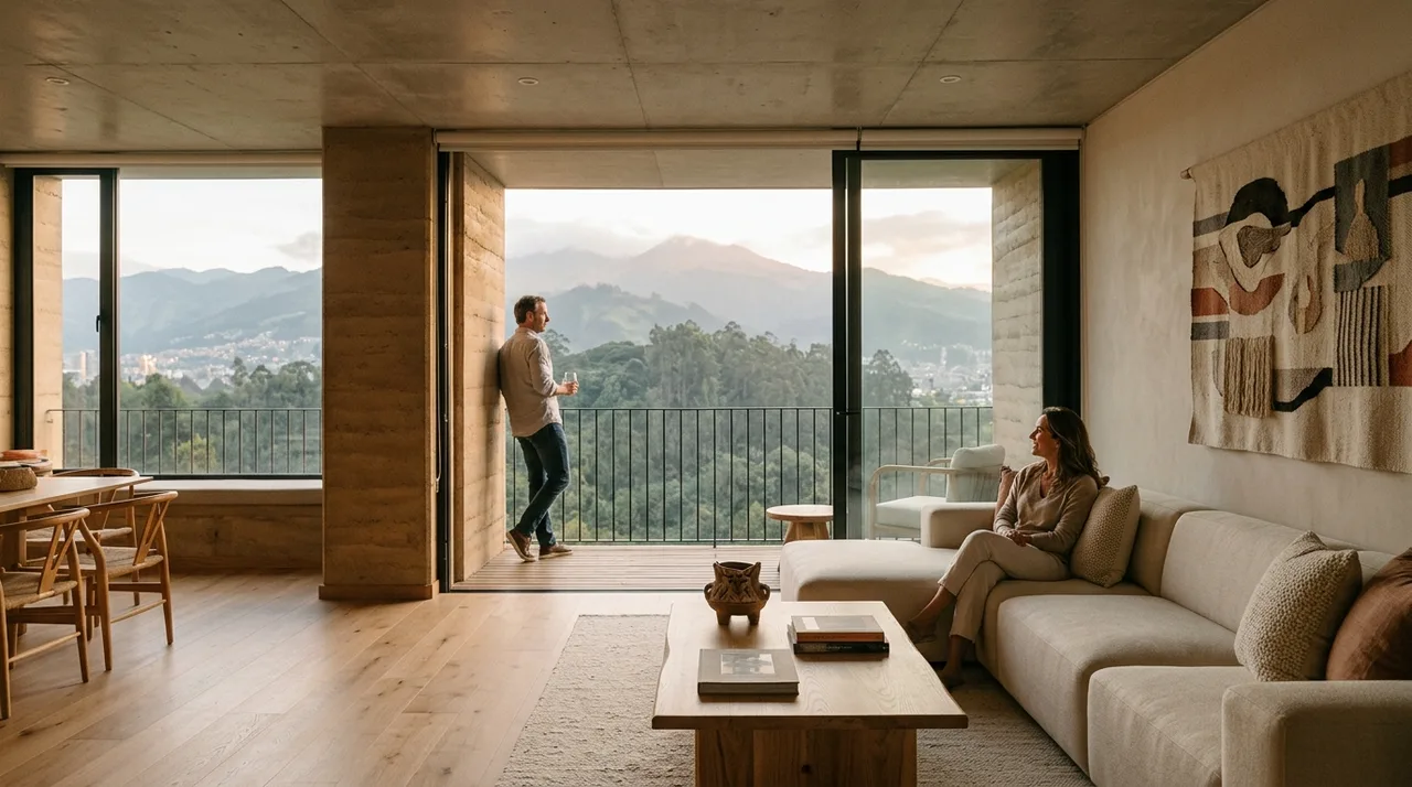 Composición conceptual de un edificio residencial moderno en Ecuador con luz natural y estilo editorial