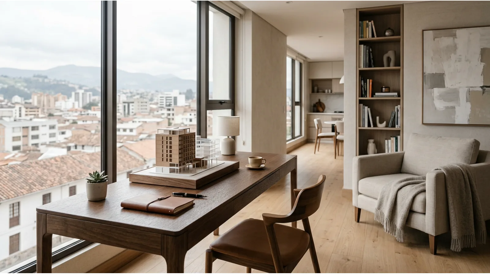 Mesa de trabajo moderna con maqueta arquitectónica para revisar un edificio en Ecuador