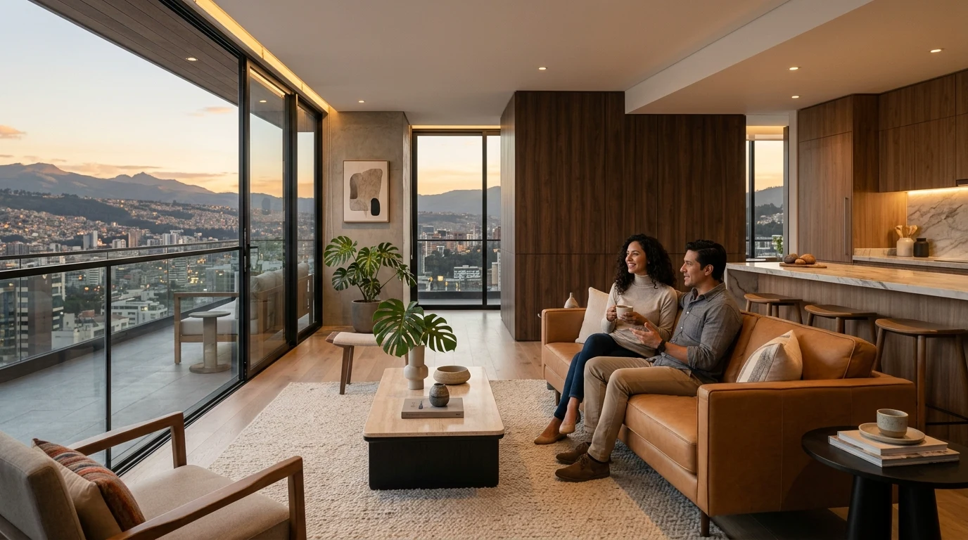Interior conceptual de un departamento moderno en Ecuador con atmósfera tranquila y luz natural