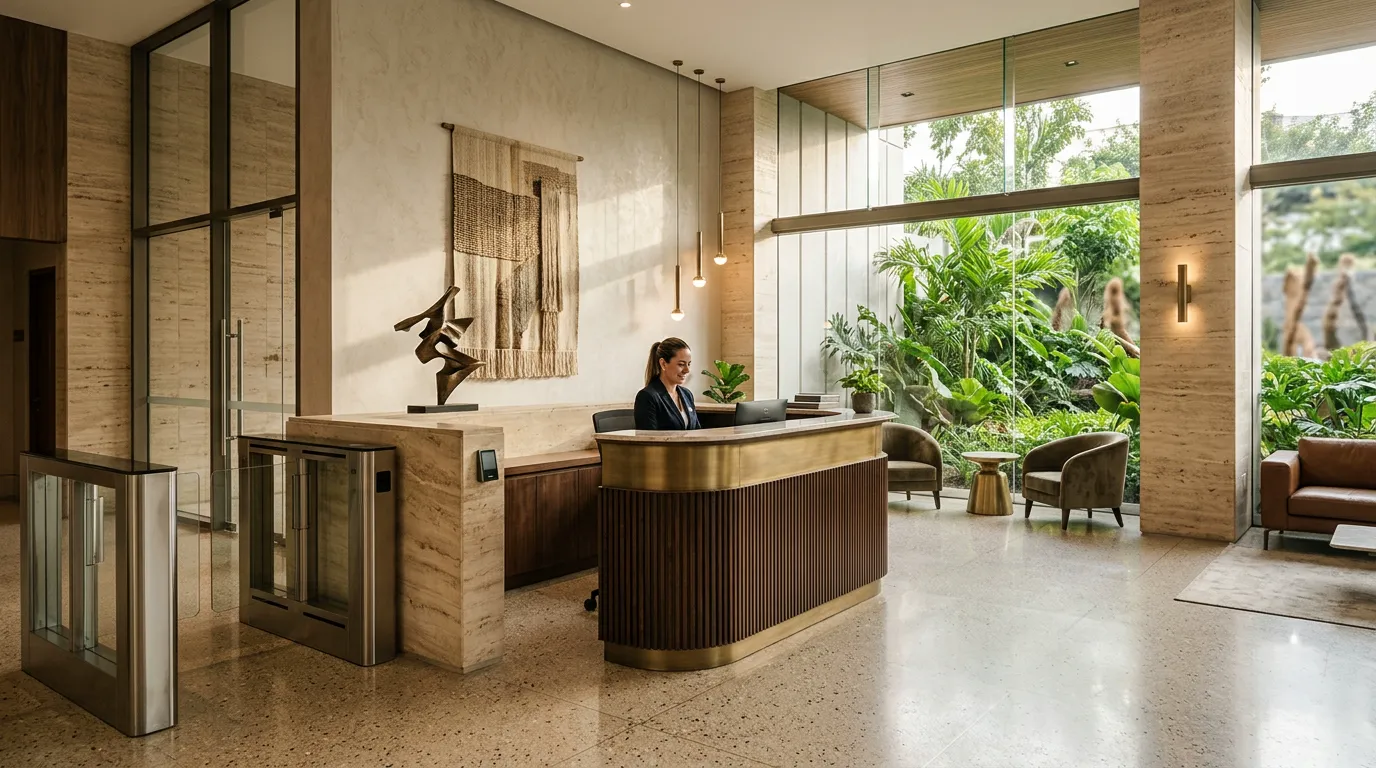 Lobby moderno de edificio residencial en Ecuador con control de accesos y luz natural