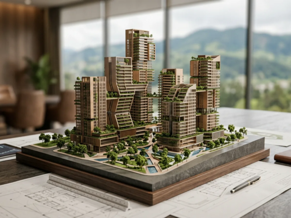 Maqueta conceptual de torres residenciales contemporáneas para analizar una inversión inmobiliaria en Quito